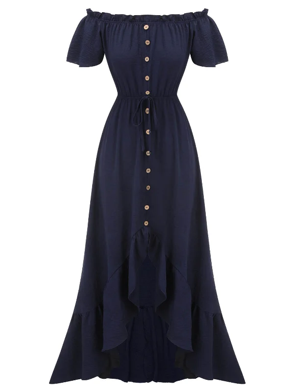 1930s Navy Blue One-Shoulder Button Long Dress