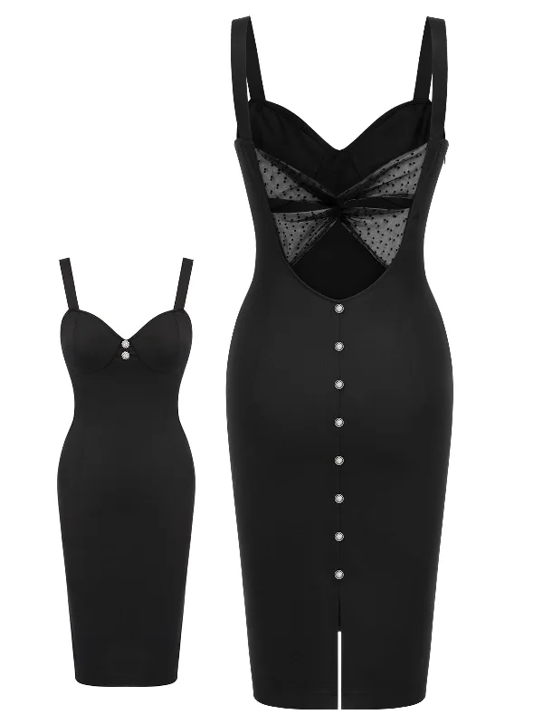 Black 1960s Solid Pearl Buttons Suspender Dress