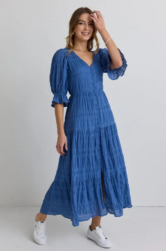 Dreamy Steel Blue Bubble SS Button Front Tiered Maxi Dress