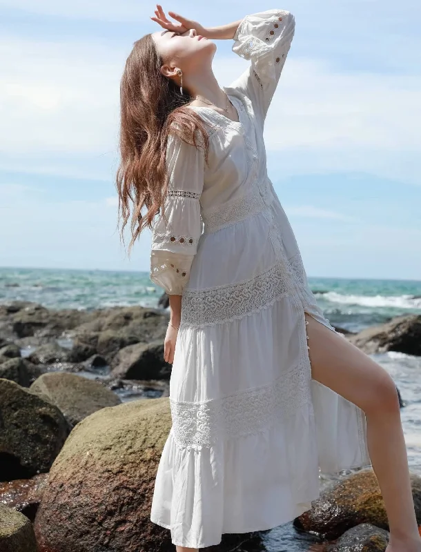 FashionSierra-100% Cotton  White Lace  Vintage  V-neck  Puff Sleeve  Long  Summer  High Quality  Casual Boho Dress