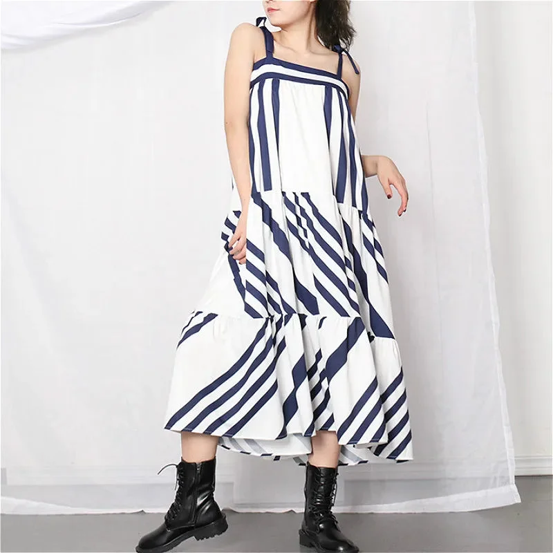 FashionSierra-Blue Striped  Long  Vintage  Off Shoulder  Loose  Casual  Bow  Lace Up  Summer Boho Dress