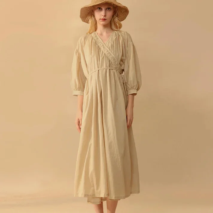 FashionSierra-Casual  100% Cotton Wrap  Vintage  Puff Sleeve  V-neck  Loose  Solid  Long  Summer Boho Dress