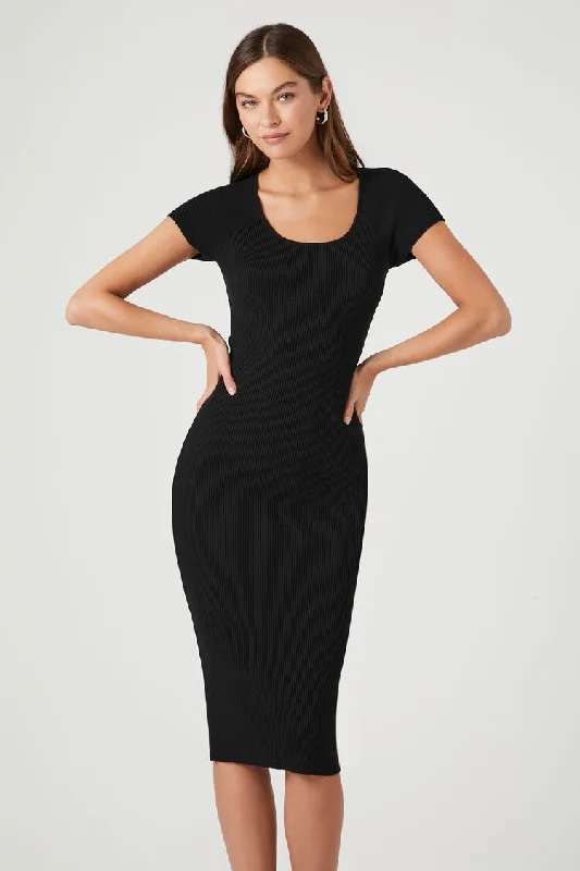 Forever 21 Knit Women's Short-Sleeve Sweater Midi Winter Dress Black