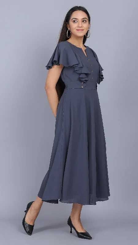 Front detailed grey long maxi dress