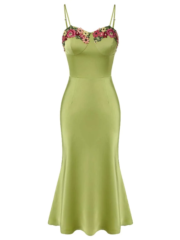 Green 1960s Spaghetti Strap 3D Floral Dress