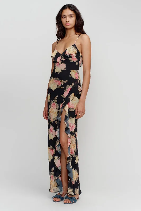 Leia Black Vintage Rose Strappy Maxi Dress