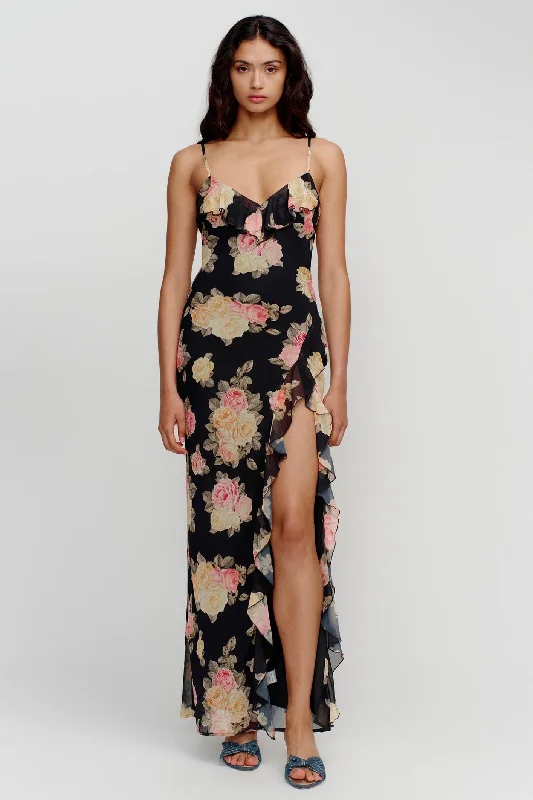 Leia Black Vintage Rose Strappy Maxi Dress