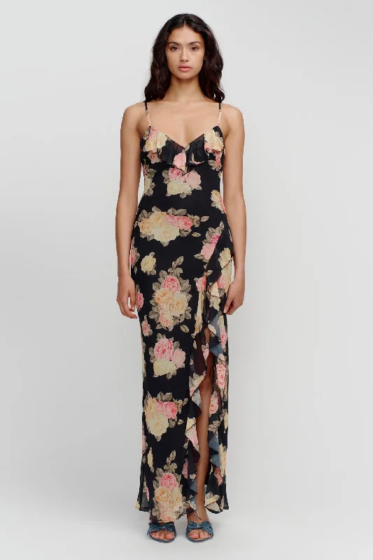 Leia Black Vintage Rose Strappy Maxi Dress