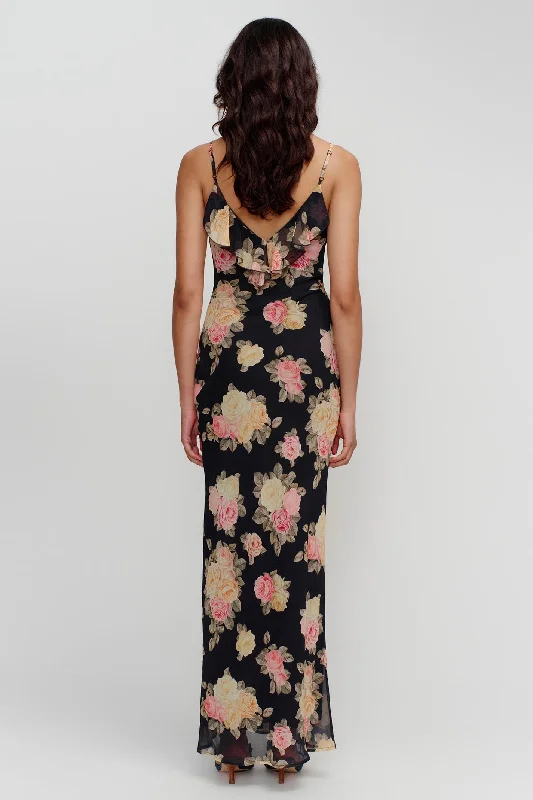 Leia Black Vintage Rose Strappy Maxi Dress