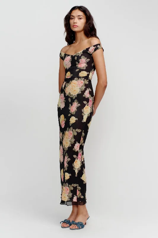 Marla Black Vintage Roses Micro Mesh Maxi Dress