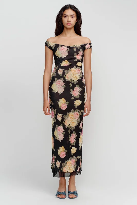 Marla Black Vintage Roses Micro Mesh Maxi Dress