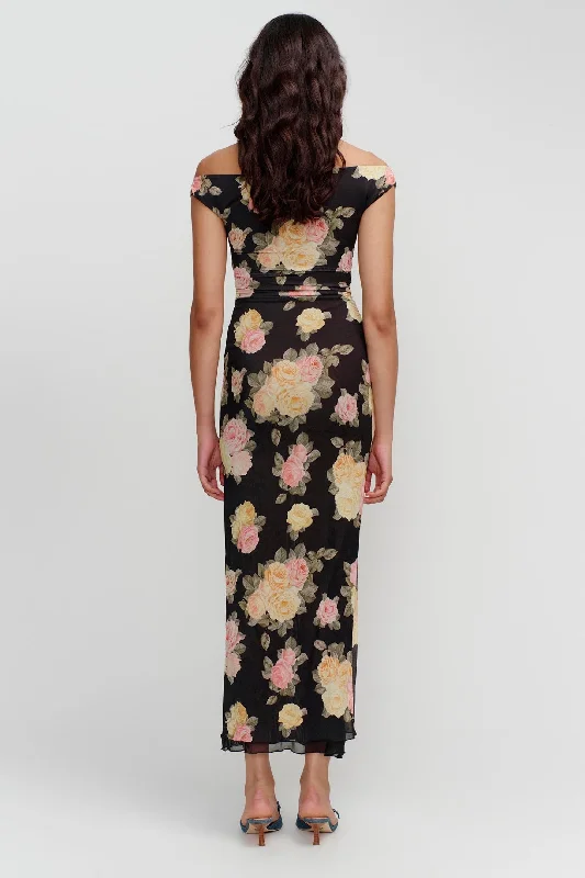 Marla Black Vintage Roses Micro Mesh Maxi Dress