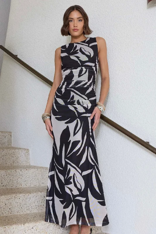 Sol Black Cream Mesh Print Maxi Dress