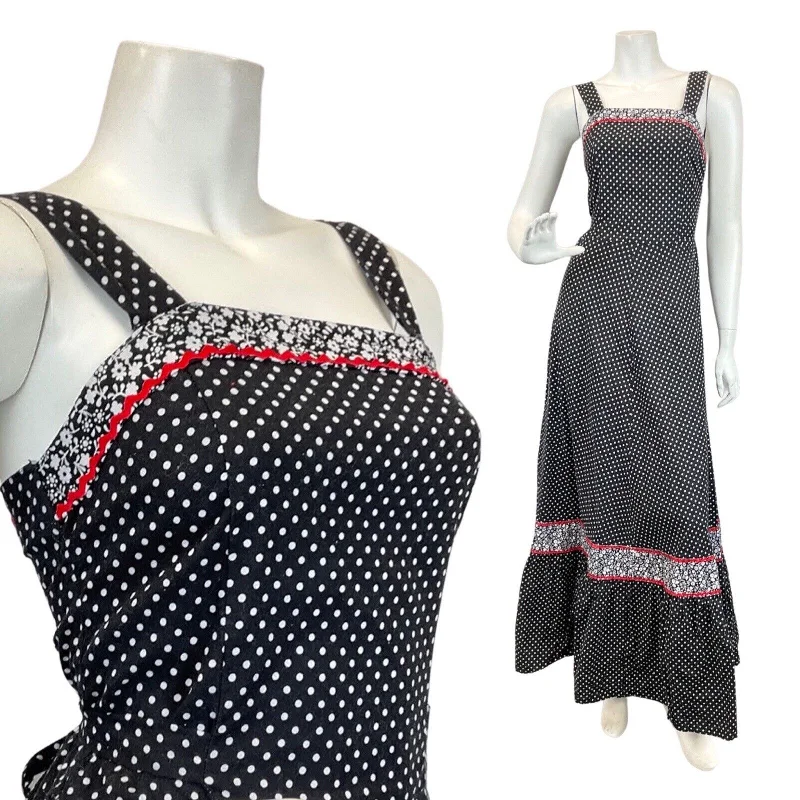 VINTAGE 60s 70s BLACK WHITE RED POLKA-DOT RIC-RAC MOD SLEEVELESS MAXI DRESS 4