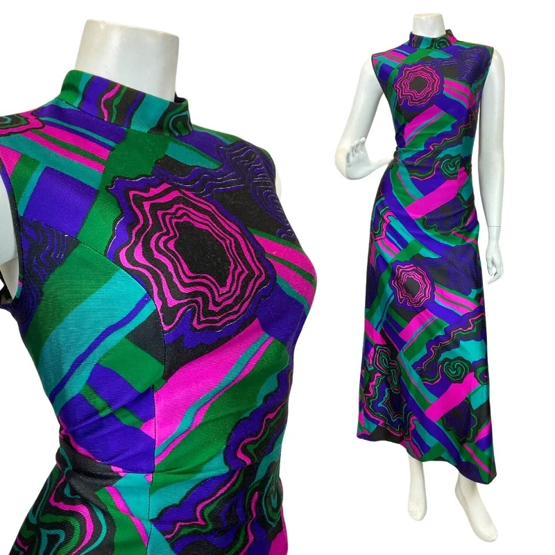 VINTAGE 60s 70s BLUE PINK BLACK PSYCHEDELIC STRIPED SLEEVELESS MAXI DRESS 12 14