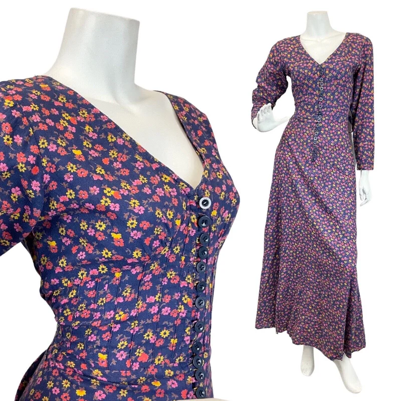 VINTAGE 60s 70s BLUE PINK YELLOW DITSY FLORAL PRAIRIE BOHO MAXI DRESS 10 12