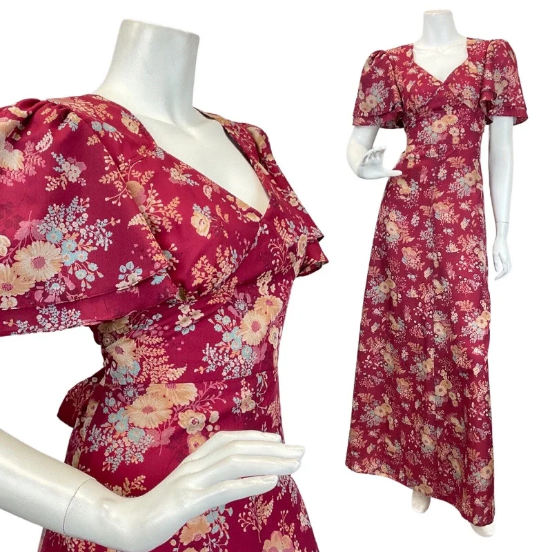 VINTAGE 60s 70s WINE RED CREAM BLUE FLORAL BOUQUET FLOATY MAXI DRESS 10