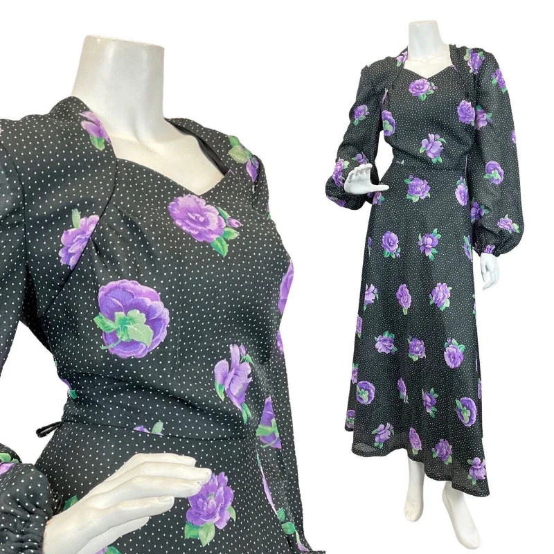 VINTAGE 70s BLACK WHITE PURPLE POLKA-DOT FLORAL PUFF SLEEVE BOHO MAXI DRESS 16