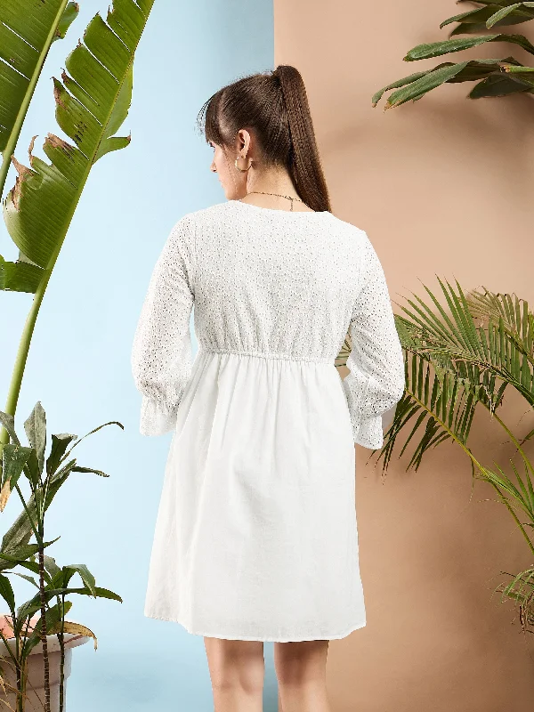 Women White Schiffli Shift Dress