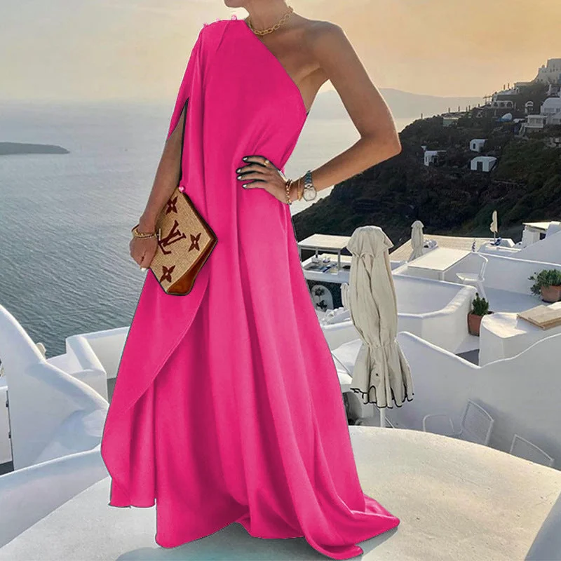 Women's Fashionable Solid Color Loose One-shoulder Long Dresses