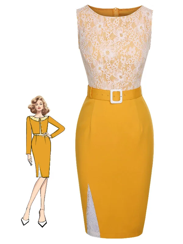 Yellow 1960s Solid Lace Patchwork Belt Dress