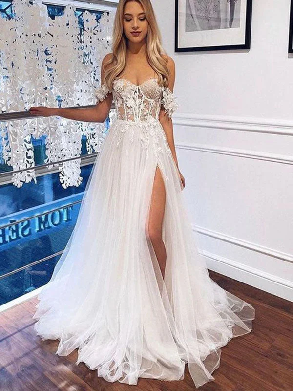 A-line Off the Shoulder Tulle Lace Vintage Beach Long Wedding Dresses WD161