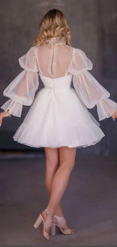 A-line Short Organza Long Sleeves Simple Beach Wedding Dresses WD151