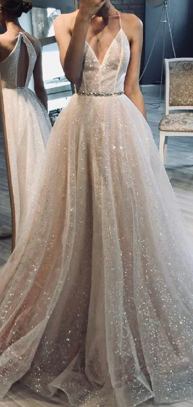 A-line Sparkle Glitter Beach Wedding Dresses, Gorgeous Prom Dress, Bridal Gown WD150