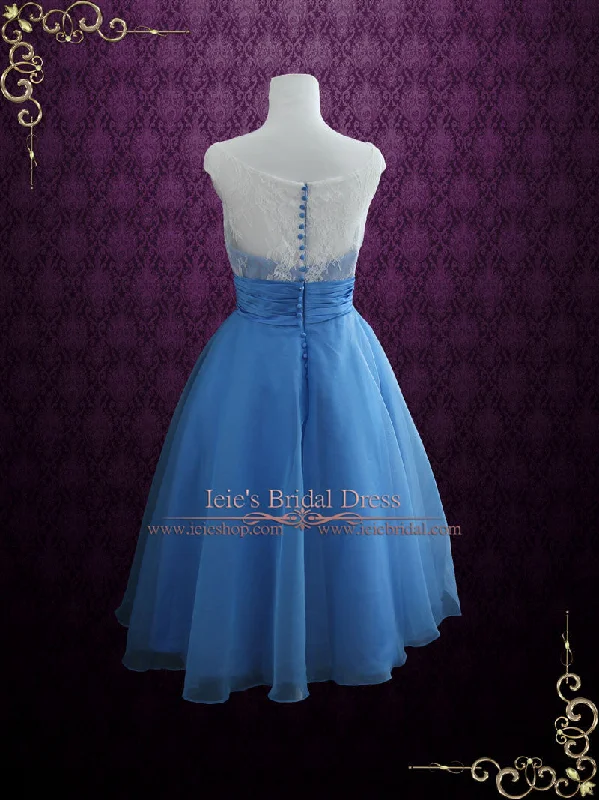 Modest Blue Retro Tea Length Formal Dress | EDENA