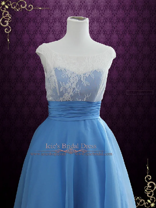 Modest Blue Retro Tea Length Formal Dress | EDENA