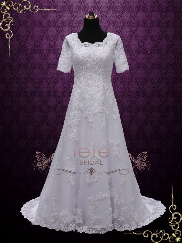 Modest Lace Wedding Dress with Short Sleeves BRISEIDA