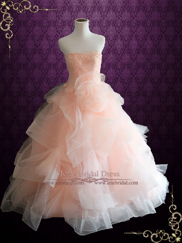 Strapless Peach Blush Colored Lace Ball Gown Wedding Dress FAE