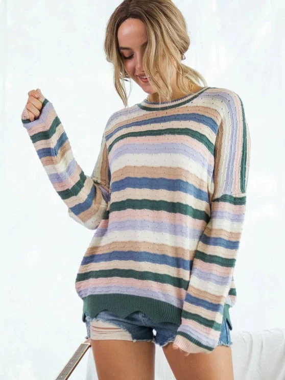 Colorful Striped Pointelle Knit Wave Hem Sweater for Women