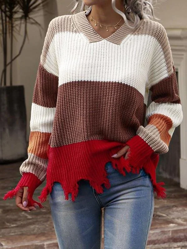 Drop Shoulder Colorblock Frayed Sweater for Women