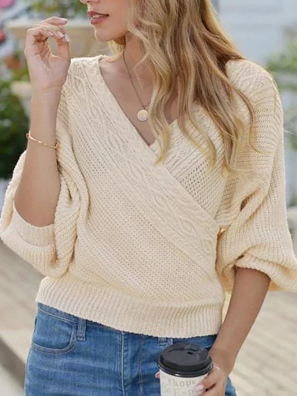 Lantern Sleeve Surplice Cable Knit Sweater for Women