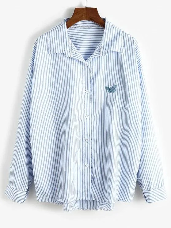 Oversize Stripes Butterfly Embroidered Shirt for Women