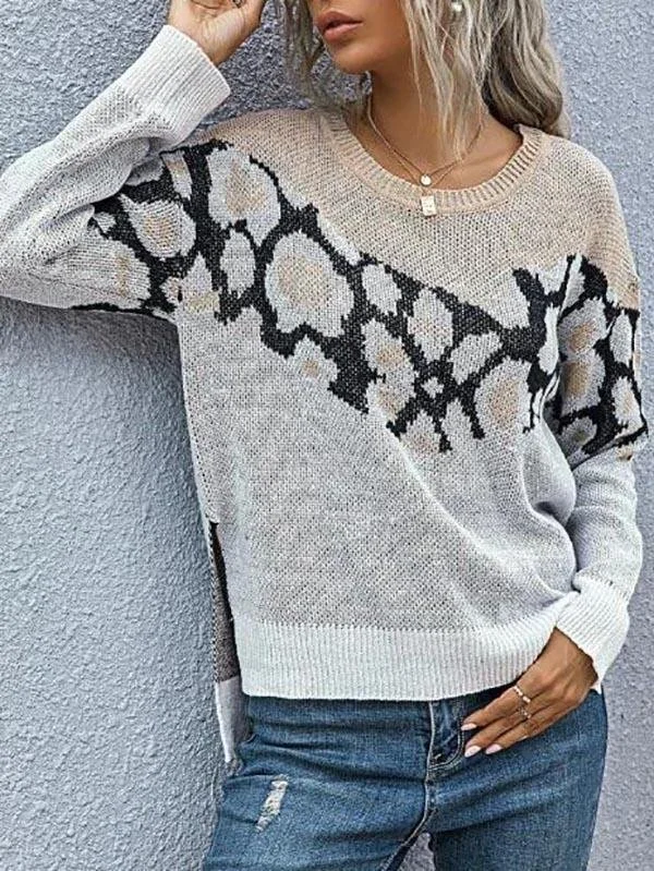 Side Slit High Low Leopard Panel Sweater for Women