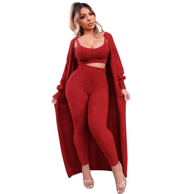 Solid Fuzzy 3 Piece Set Women Sexy Camisole Crop Top Full Sleeve Open Stitch Long Coat Cardigan High Waist Pencil Pants Suit - B-42677