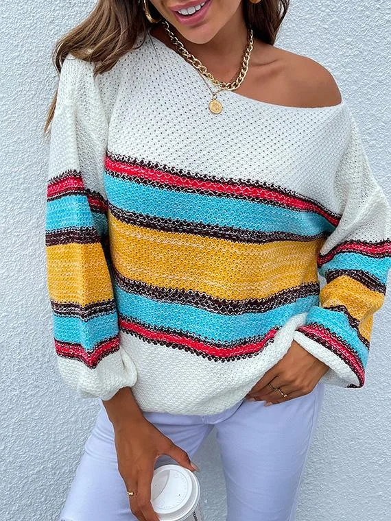 Sweaters Contrasting Color-Neck Rainbow Striped Knitted Sweater for Women