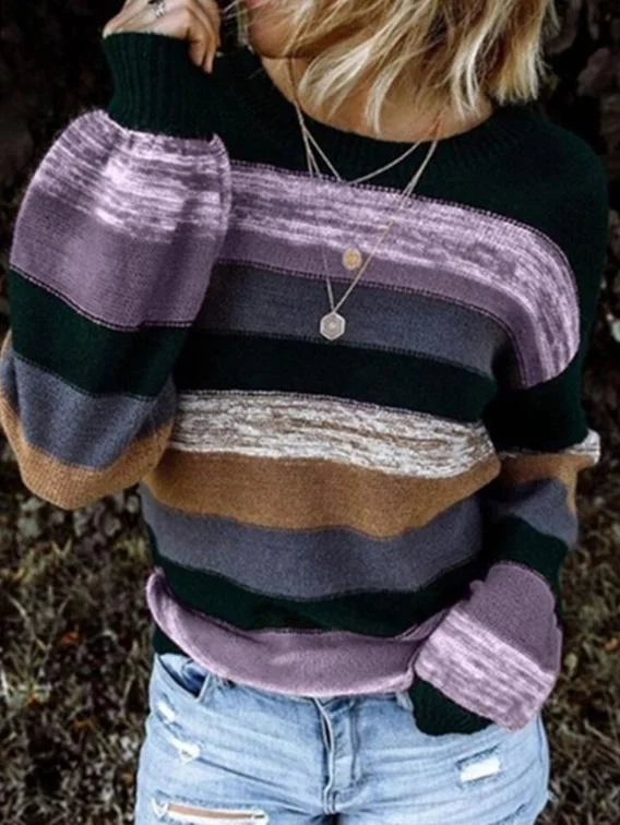 Sweaters Round Neck Contrast Stitching Long Sleeve Striped Knitted Sweater for Women