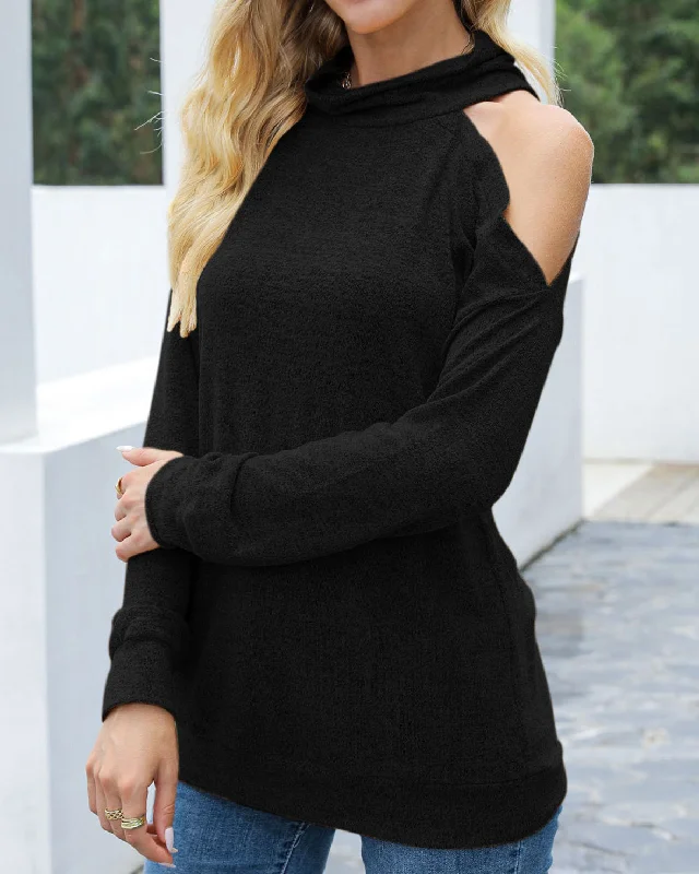 Sweaters Solid Long Sleeve Off Shoulder High-Neck Sweater for Women