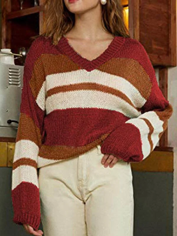 Sweaters V-Neck Color-Block Long Sleeve Knitted Sweater for Women