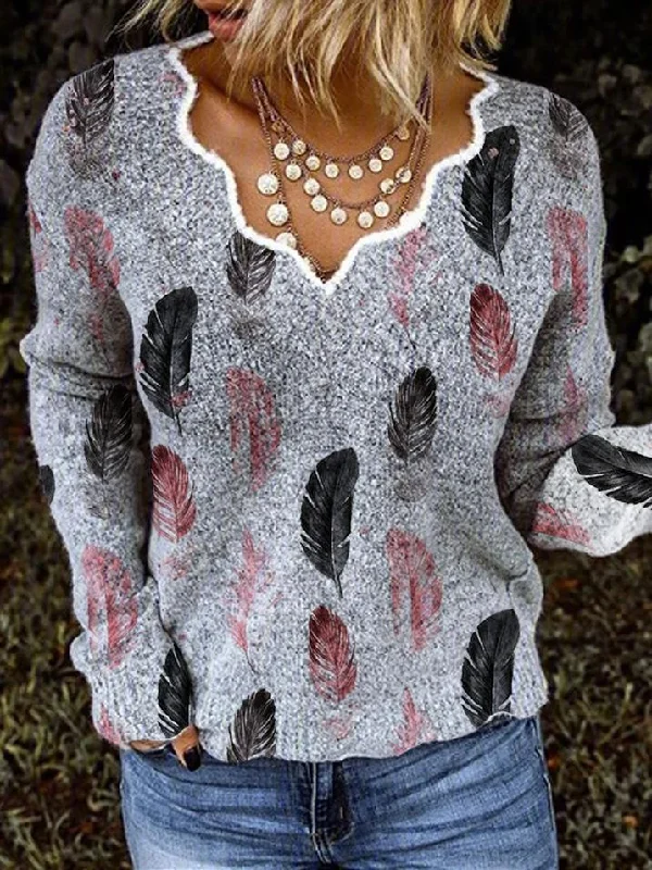 Sweaters V-Neck Feather Print Long Sleeve Sweater for Women