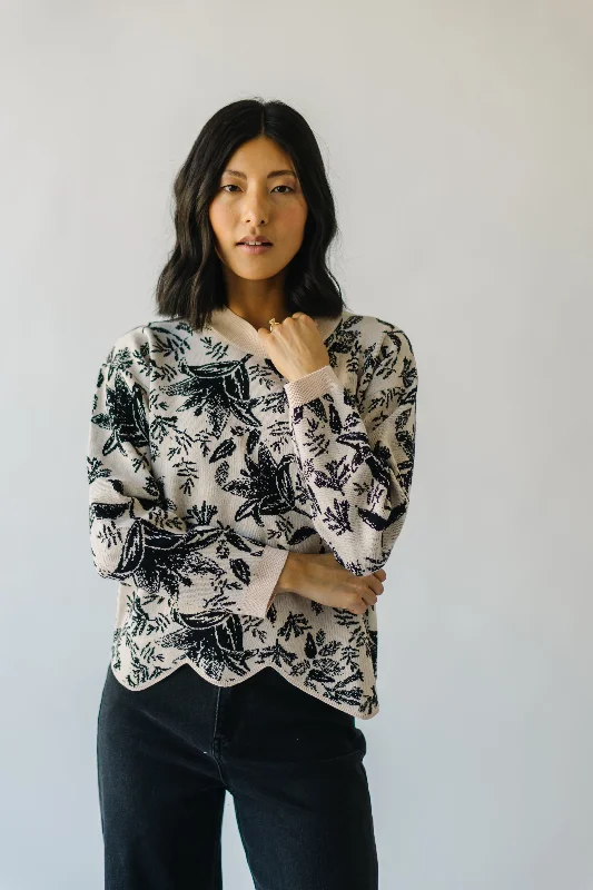 The Marty Scalloped Sweater in Taupe Floral