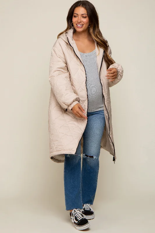 Beige Quilted Long Maternity Puffer Jacket