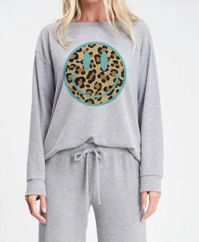 Leopard Smiley Loungewear Set In Heather Grey