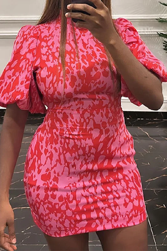 Abstract Print Puff Sleeve Stunning Bodycon Mini Dress