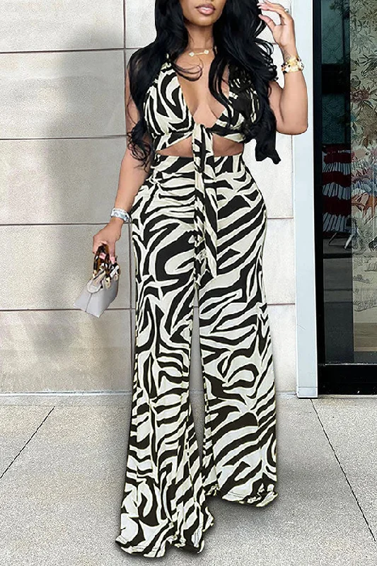 Animal Print Urban Lace-Up Halter Collar Wide Leg Pant Suit