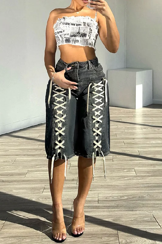 Black Washed Denim Relaxed Strappy Design Shorts