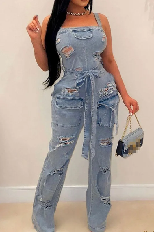 Blue Ripped Denim Cozy Belted Suspenders Jumpsuit